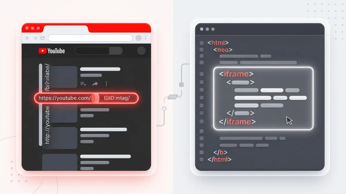 Diagram illustrating how to copy a YouTube playlist ID and place it into an HTML iframe