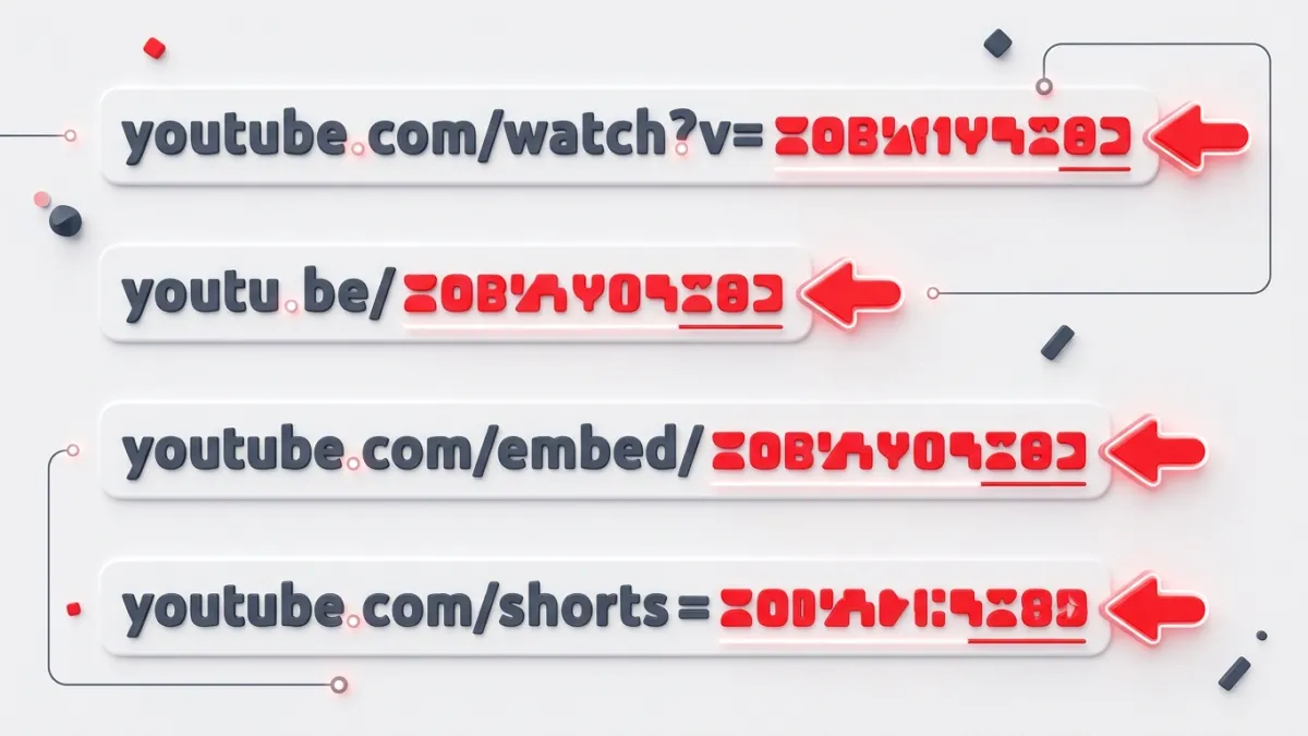 Diagram comparing different YouTube URL types and highlighting the exact location of the 11-character video ID.