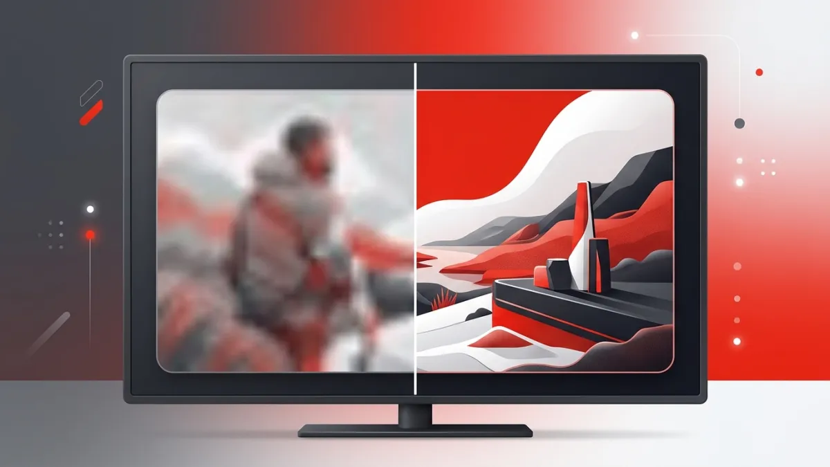 Visual comparison showing compressed low-resolution thumbnail versus sharp 50MB high-resolution thumbnail on a TV screen