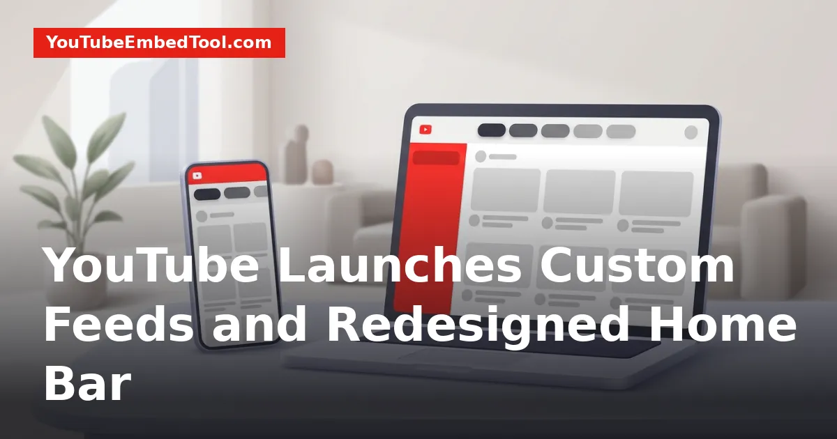 A laptop and smartphone displaying the new YouTube custom feeds interface and redesigned top navigation bar.