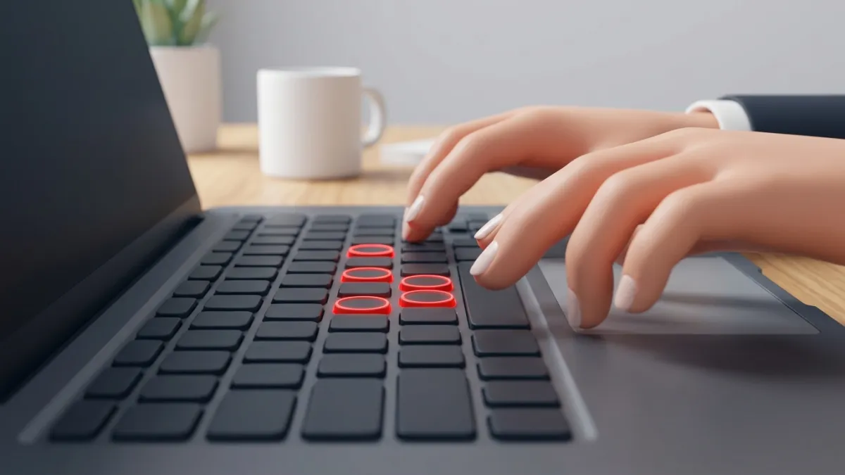 Close up of a user's fingers resting on the J, K, and L keys of a laptop keyboard.