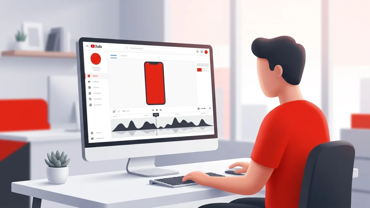 A creator workspace showing a 3-minute vertical video timeline inside YouTube Studio.