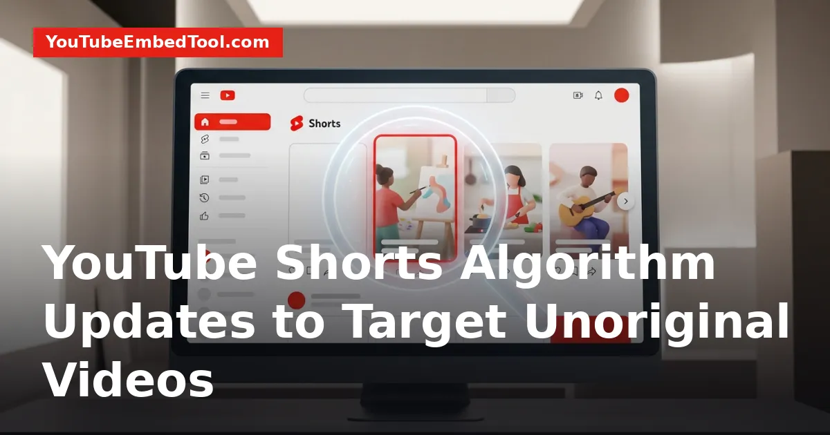 Digital display showing the YouTube Shorts algorithm update prioritizing original video content over re-uploads.